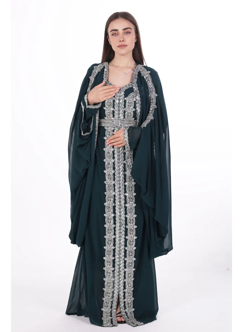 AL BENT AL SHARQIEH Dark green emboidered chiffon kaftan dress for Women | Best Price UAE